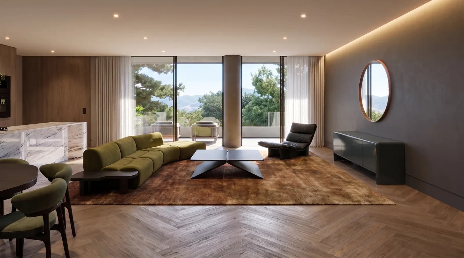 Final render of a living room with a green sofa, black leather lounge chair, round mirror and sideboard